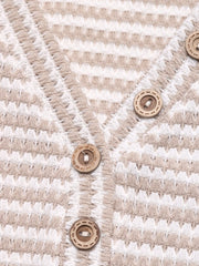 V-neck t-shirt with cap sleeves and wood buttons in a striped knit texture.