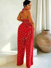 Red polka dot cami and fringe wide leg pant set with halter neckline.