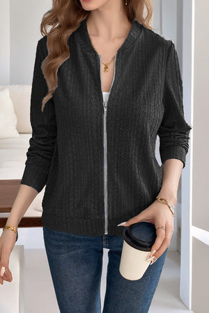 Black textured ribbed bomber jacket with zip front and crew neck.
