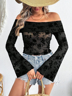 Black velvet floral off-shoulder bell sleeve mesh blouse