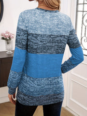 Marled stripe knit sweater in sky blue with button shoulder detail.