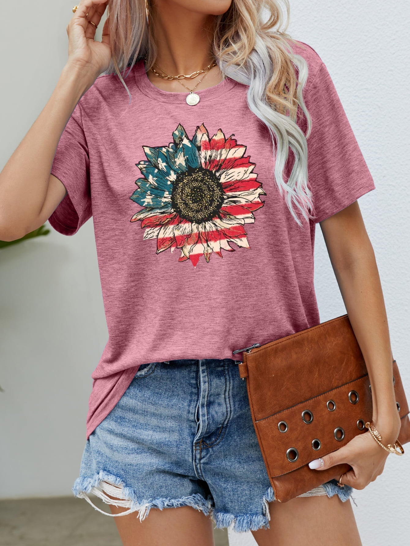 Dusty Pink graphic tee with American flag sunflower print, crew neck, short sleeves.