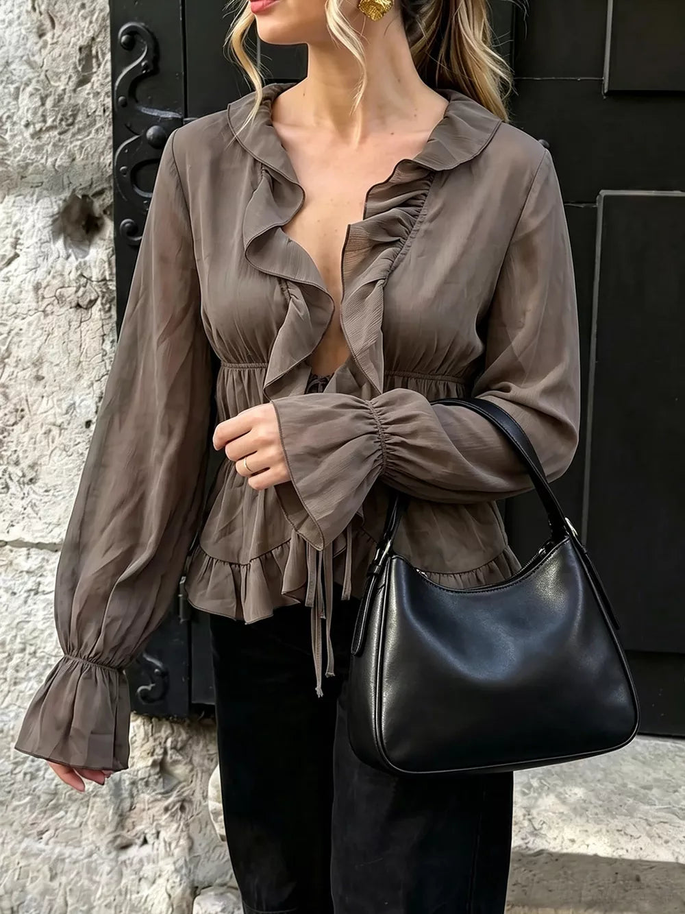 Ruffled V-neck Long Sleeve Blouse in Brown, side view