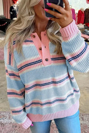 Striped Button Collar Long Sleeve Knit Sweater in Light Blue, back view