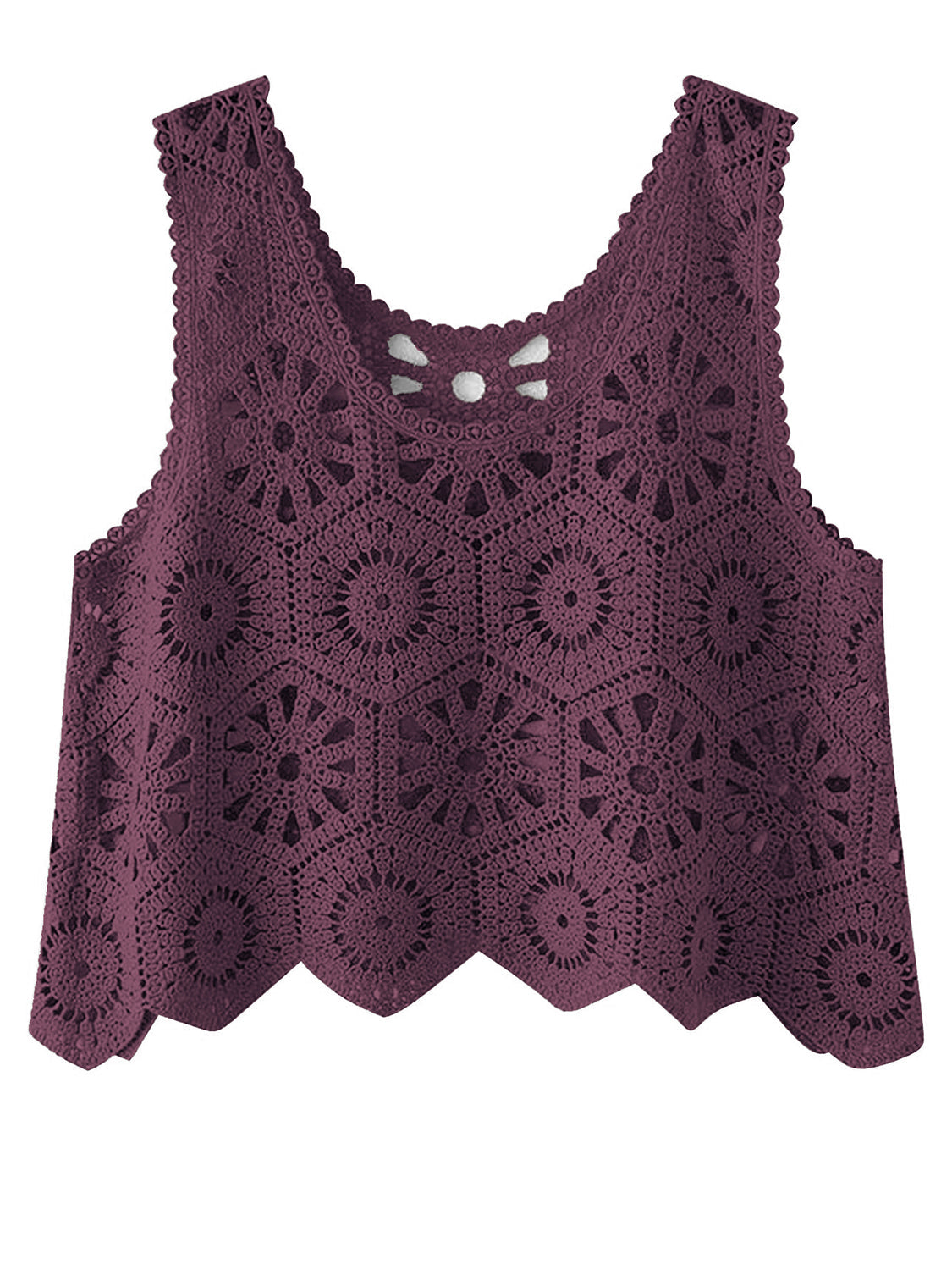 Crochet medallion tank top in Red-Violet with scalloped hem and intricate openwork pattern.