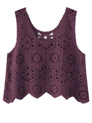 Crochet medallion tank top in Red-Violet with scalloped hem and intricate openwork pattern.