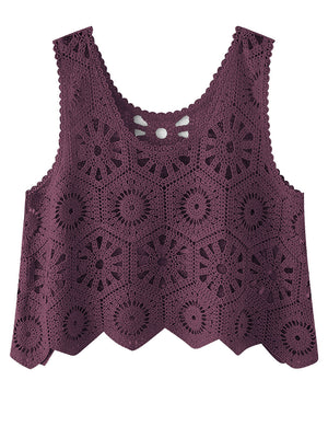 Crochet medallion tank top in Red-Violet with scalloped hem and intricate openwork pattern.