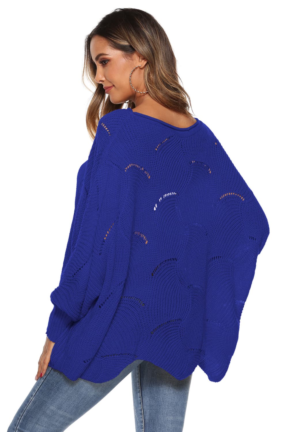 Royal blue openwork knit sweater with cocoon sleeves and boat neck.