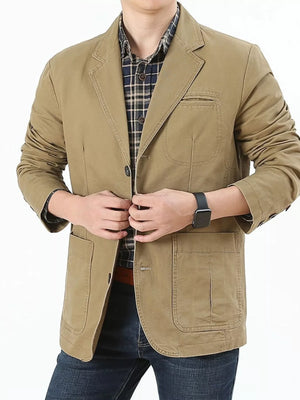 Khaki cotton button-up blazer with patch pockets and a plaid shirt.