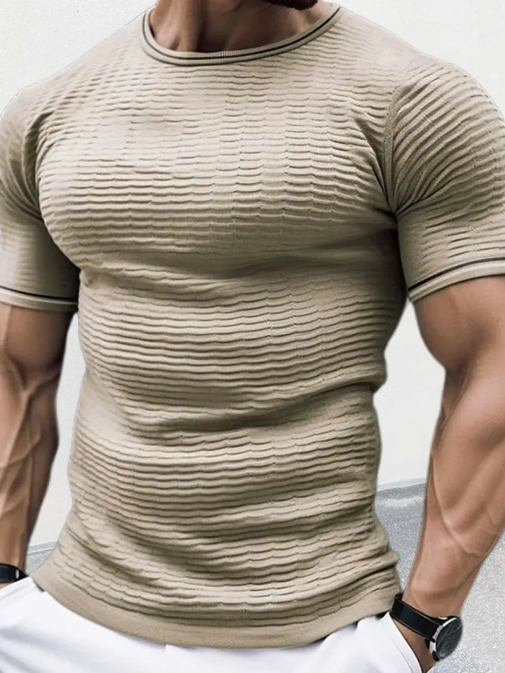Textured knit t-shirt in camel with sculpted fit and crew neck.