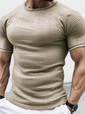 Textured knit t-shirt in camel with sculpted fit and crew neck.