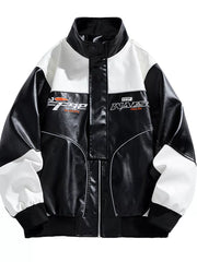 Black and white colorblock leather racing jacket with bold graphics and a stand collar.