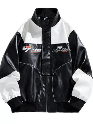 Black and white colorblock leather racing jacket with bold graphics and a stand collar.