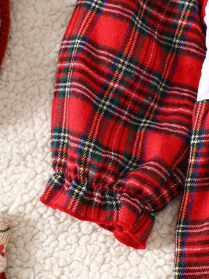 Baby dress with red plaid pattern, long sleeves with ruffled cuffs, and white trim detail.