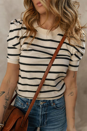 Cream breton knit top with black stripes and puff sleeves, crew neck, short sleeves.