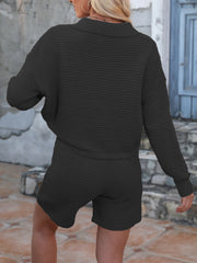 Textured knit polo top and shorts set in black, casual loungewear.