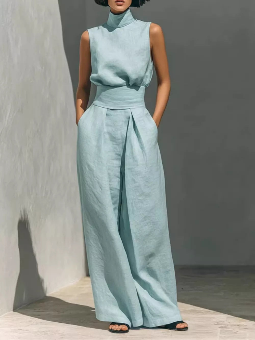 Sky blue sleeveless turtleneck and wide-leg pants set with belted waist and pleats.
