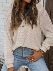 Waffle Knit Hooded Top With Drawstring in Beige, front view