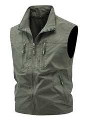 Men's khaki multi-pocket outdoor vest with zipper closure and stand-up collar.