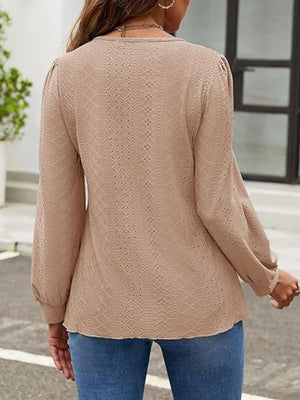 Camel perforated puff sleeve blouse with textured pattern