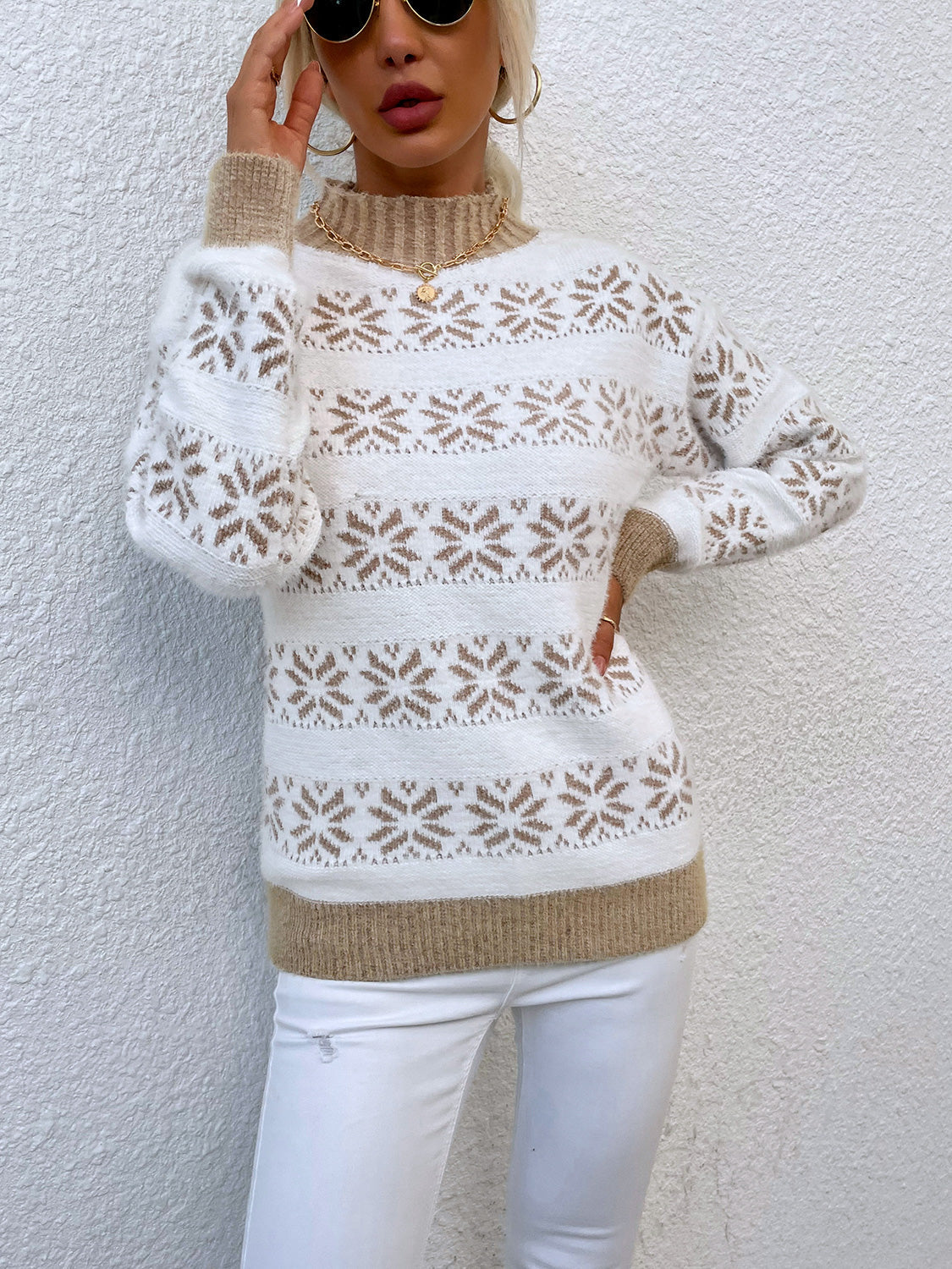 Alpine Fair Isle mock neck pullover sweater in white with brown snowflake pattern and tan trim.