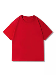 Red 100% cotton crew neck t-shirt with short sleeves.