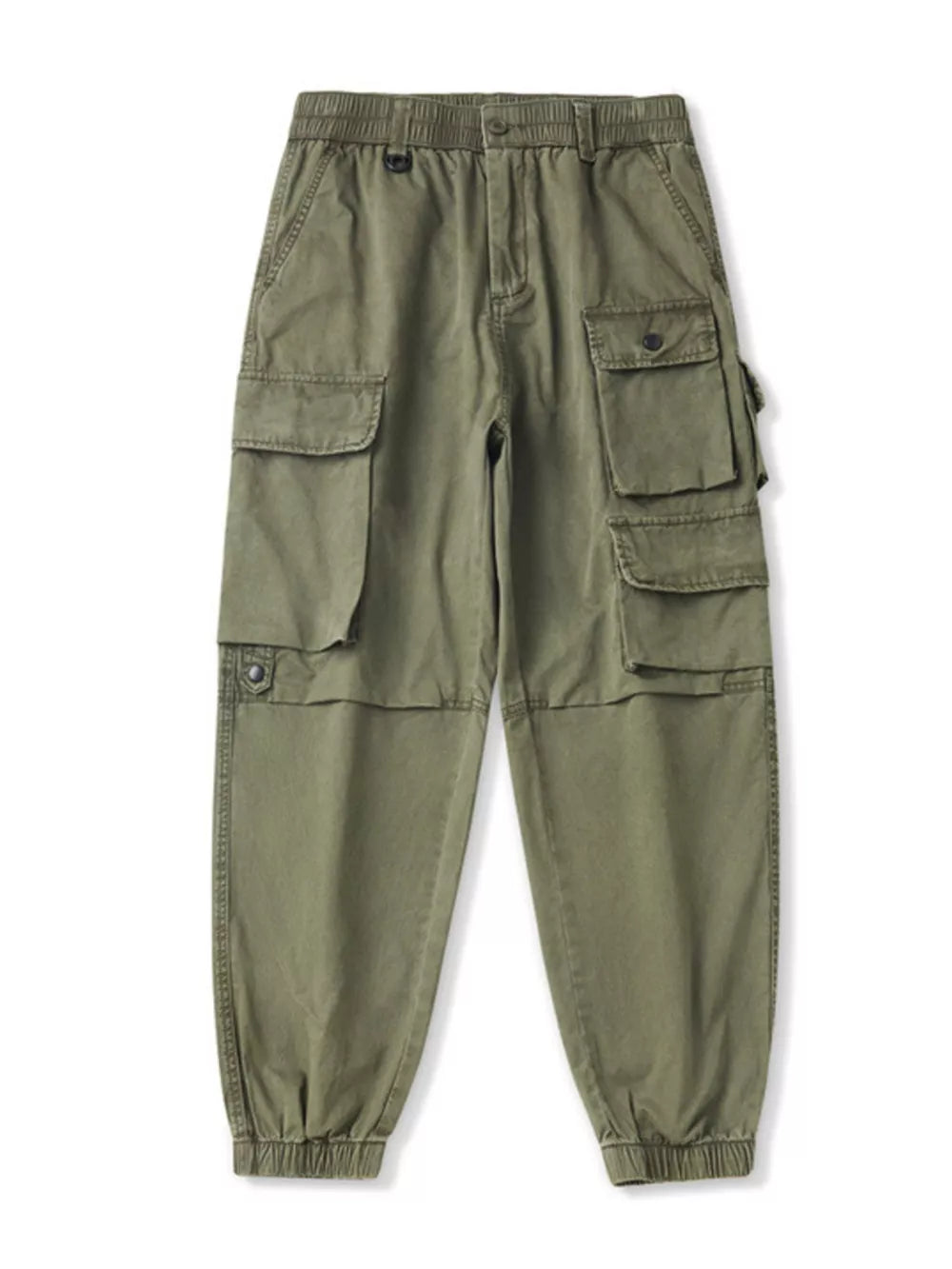 Military green relaxed fit cargo pants with multiple pockets and elastic cuffs.
