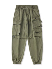 Military green relaxed fit cargo pants with multiple pockets and elastic cuffs.