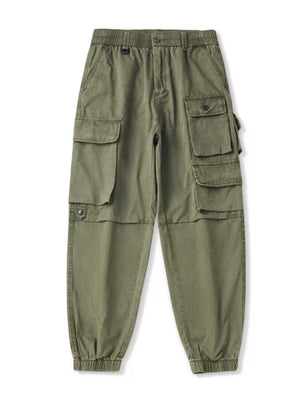 Military green relaxed fit cargo pants with multiple pockets and elastic cuffs.