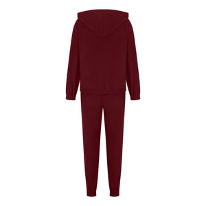 Burgundy fleece hoodie and jogger set with ribbed cuffs and hem