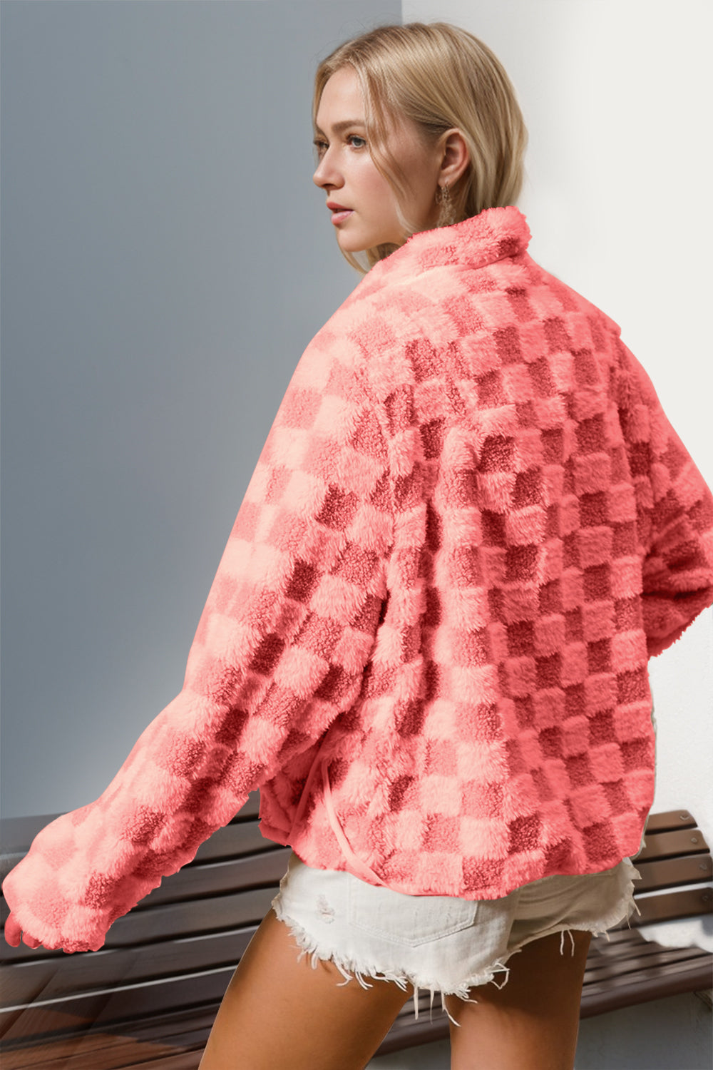 Textured checkered plush jacket in strawberry with satin trim and a relaxed fit.