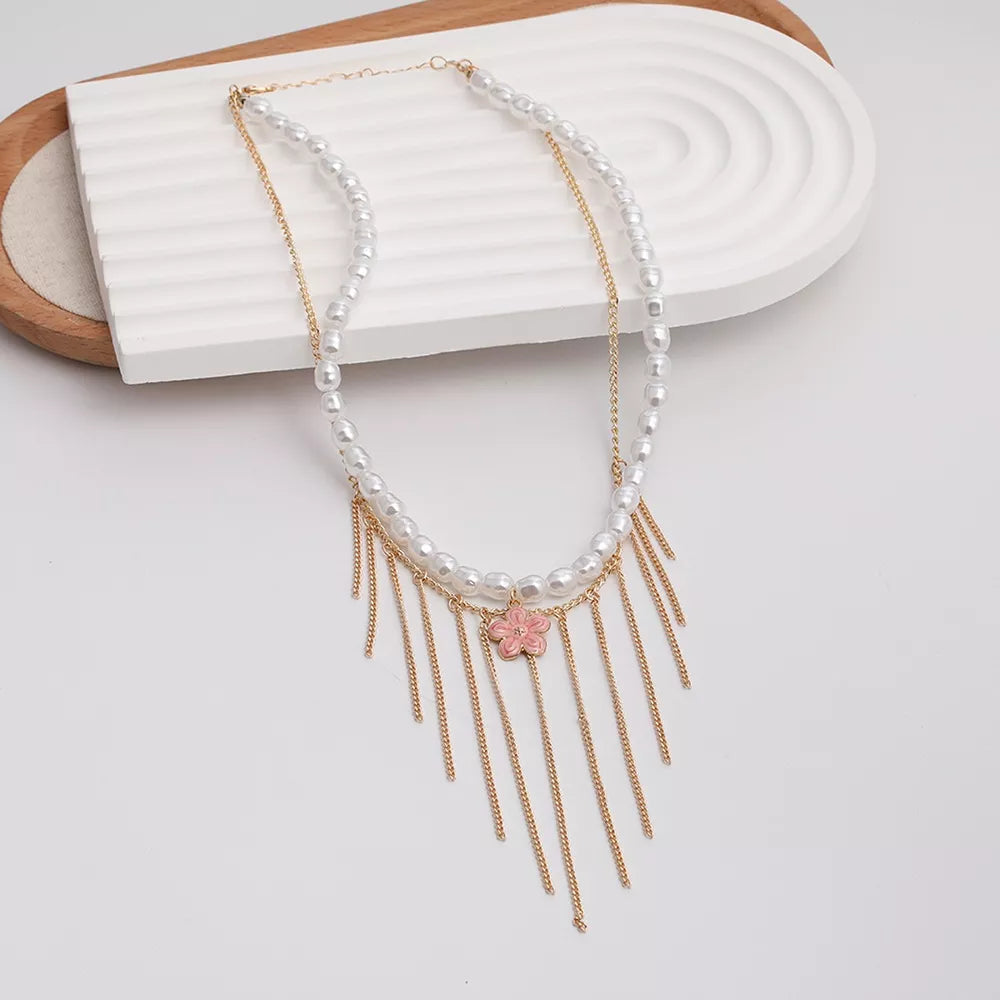 Elegant 18k Gold-plated Synthetic Pearl Choker Necklace in White, fabric detail