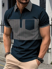 Navy polo shirt with vertical stripe panel and chest pocket.