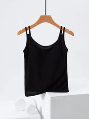 Black camisole with double spaghetti straps and a draped neckline.