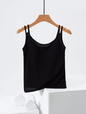 Black camisole with double spaghetti straps and a draped neckline.