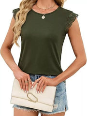 Olive green cap sleeve shirt with lace trim and round neck.