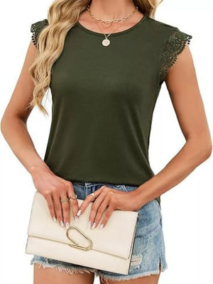 Olive green cap sleeve shirt with lace trim and round neck.