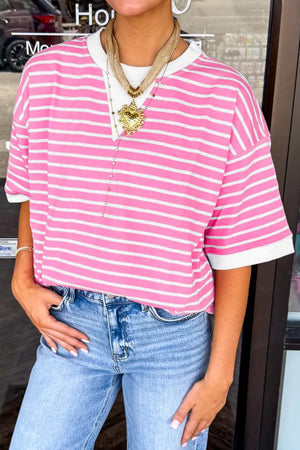 Bold stripe round neck t-shirt with white trim, cotton fabric, short sleeves.