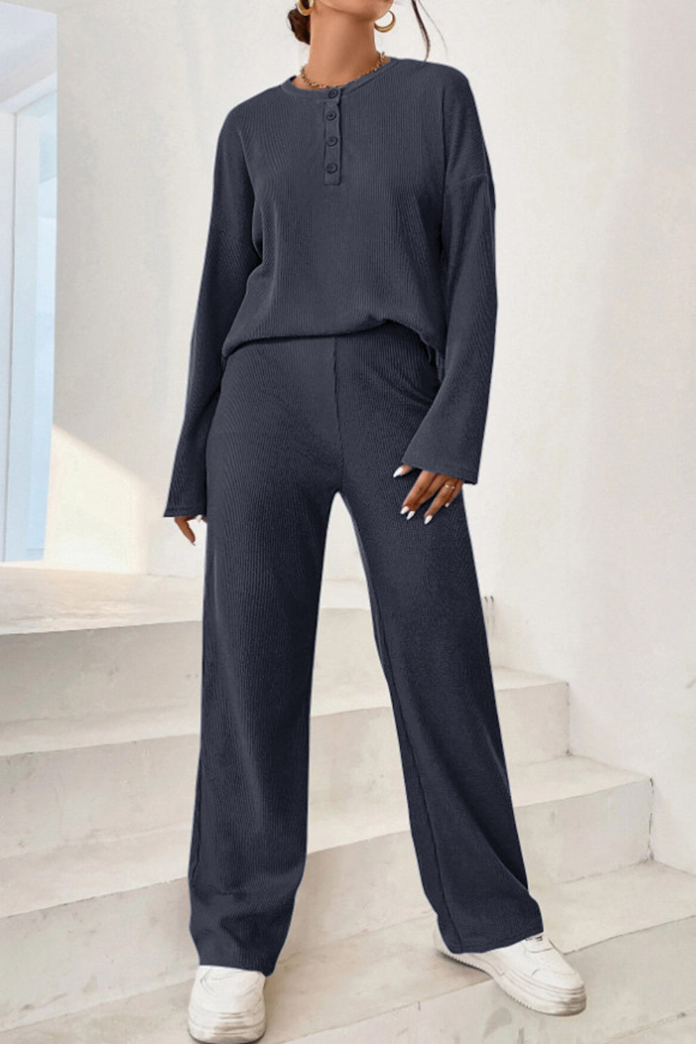 Dark Blue ribbed henley set with buttoned neckline and wide leg pants