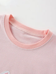 Pink striped cotton t-shirt with applique detail and contrast neckline.