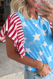 Patriotic t-shirt with blue star print and red striped ruffle sleeves.