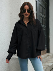 Black balloon sleeve poplin button-down shirt with chest pockets