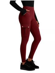 Burgundy maternity active pants with cargo pockets and gold button details.