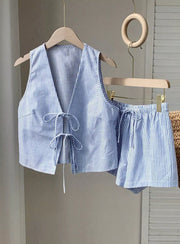 Blue striped tie-front vest and shorts set with adjustable drawstring waist.