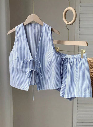 Blue striped tie-front vest and shorts set with adjustable drawstring waist.