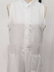 White sleeveless button-down romper with collar and pockets