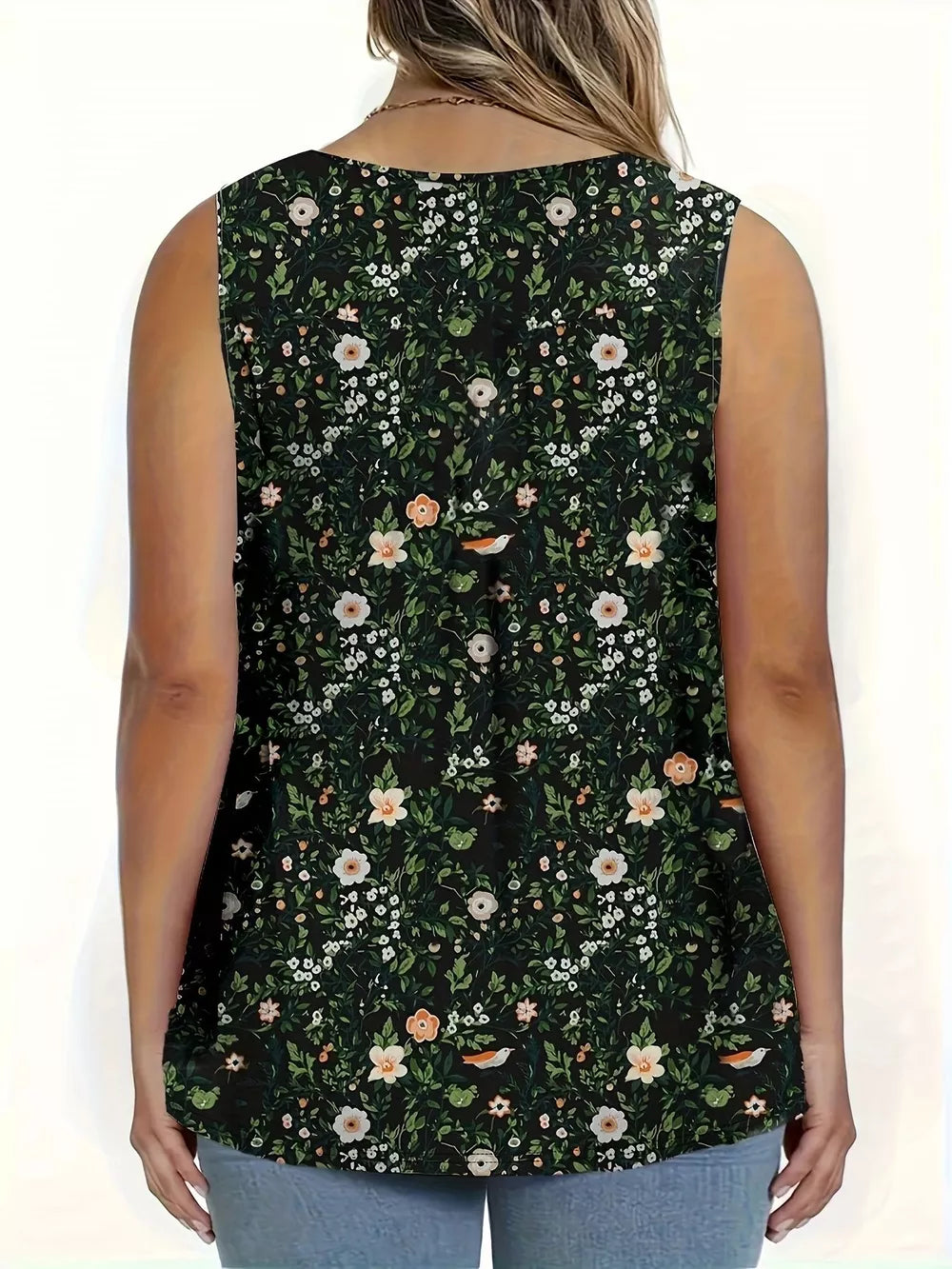 Floral print tank top in black with button detail and birds, curvy fit.