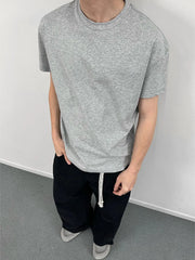 Men's gray crew neck t-shirt, short sleeves, cotton fabric.
