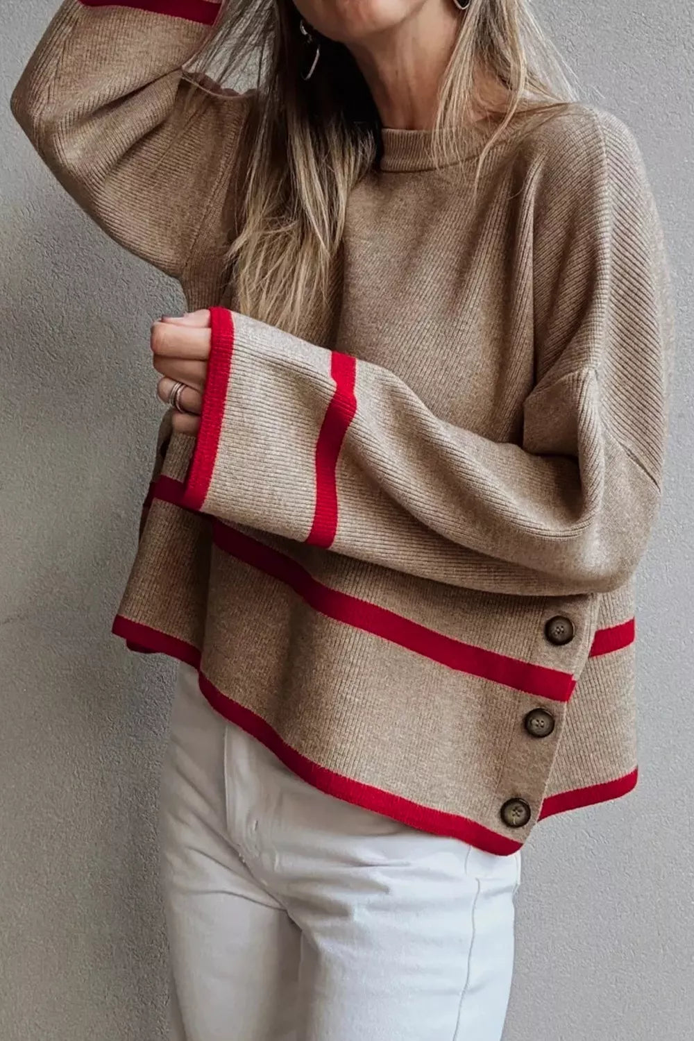 Mocha ribbed knit pullover sweater with red trim, button detail and crew neck.