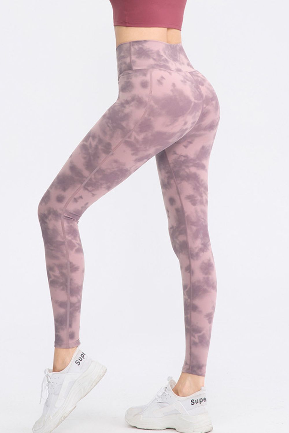 Cloud-Wash High-Waist Performance Leggings in Dusty Blue with a tie-dye pattern.